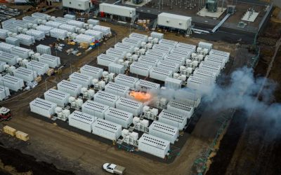 Tesla Megapack BESS units caught fire during testing of the 350MW Victorian Big Battery in Australia. The situation was quickly brought under control and only two Megapacks out of more than 200 on site were consumed by flames. Image: Country Fire Association.